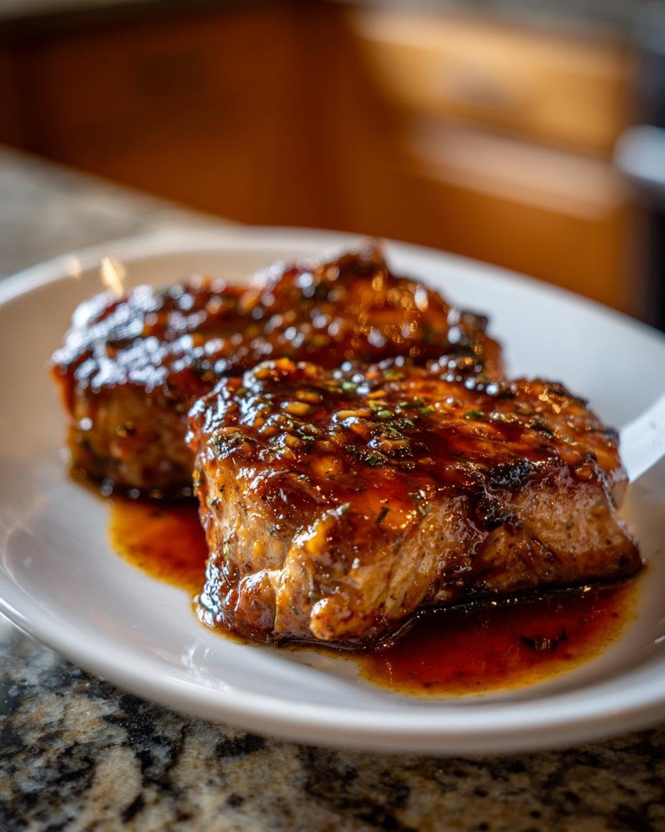 Two juicy Irresistible Honey Garlic Pork Chops glazed with a rich sauce and herbs on a white plate.