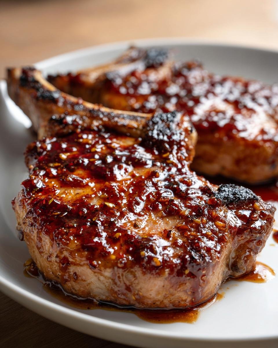 Close-up of juicy, glazed honey garlic pork chops on a white plate, ready to be served.