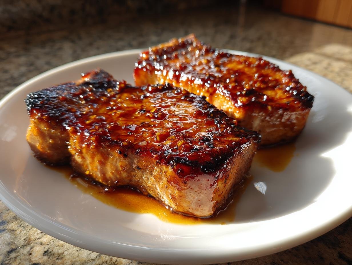 Two juicy, glazed pork chops coated in a rich honey garlic sauce, served on a white plate.