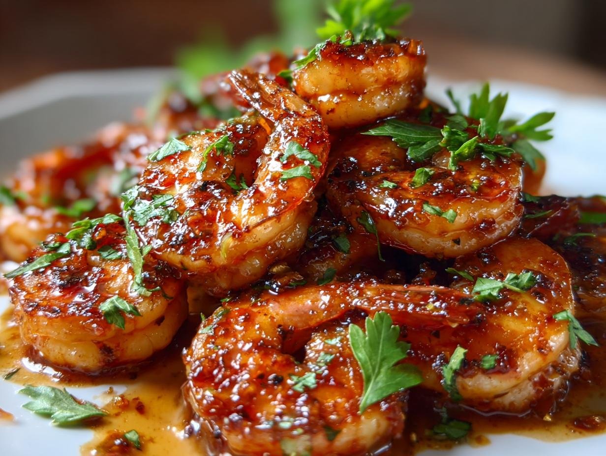 Close-up of glistening, perfectly cooked Irresistible Honey Garlic Shrimp, garnished with fresh parsley.