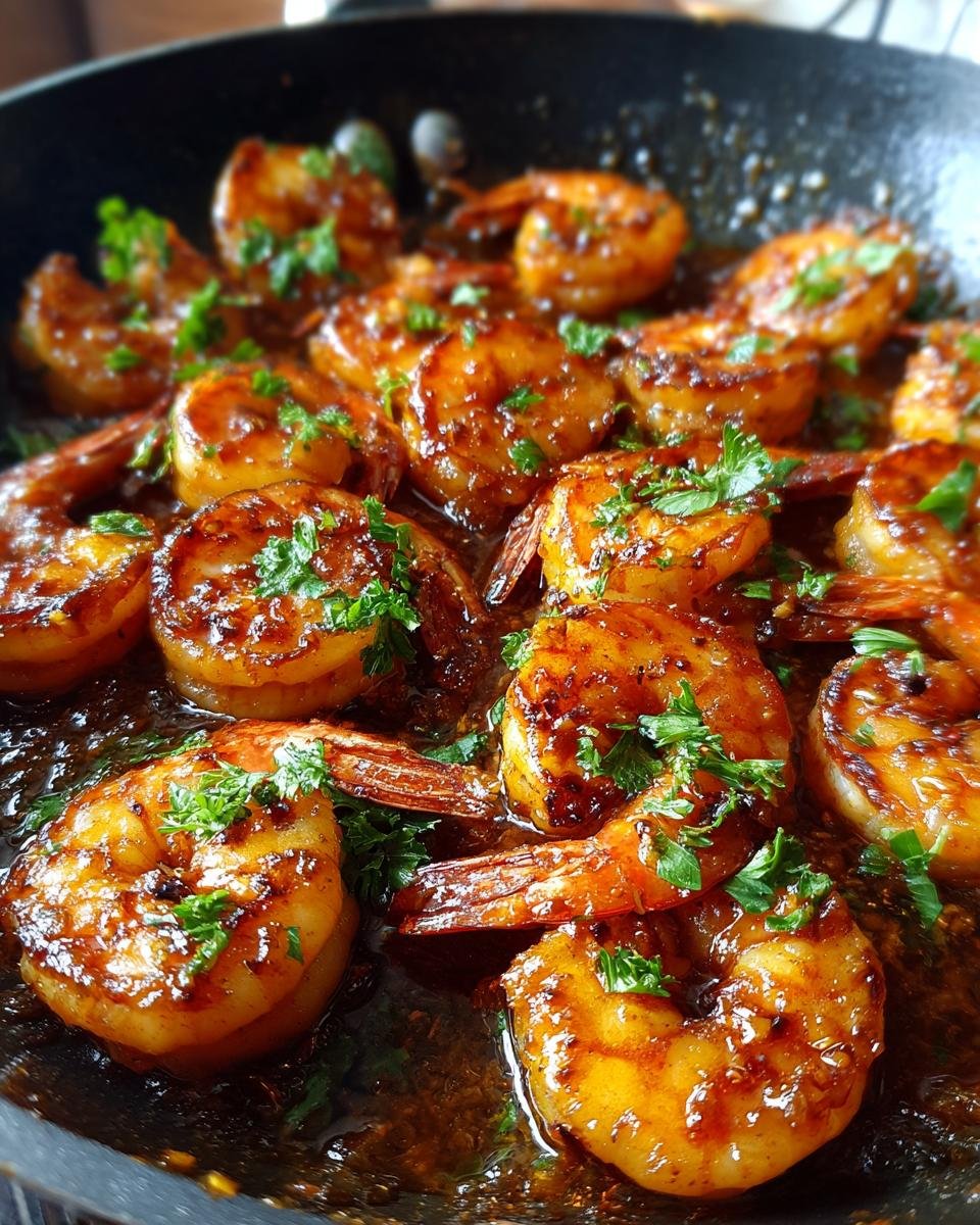 Close-up of Irresistible Honey Garlic Shrimp glistening in a pan, garnished with fresh parsley.
