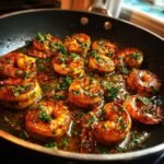 Close-up of Irresistible Honey Garlic Shrimp sizzling in a pan with a glossy sauce and fresh parsley.
