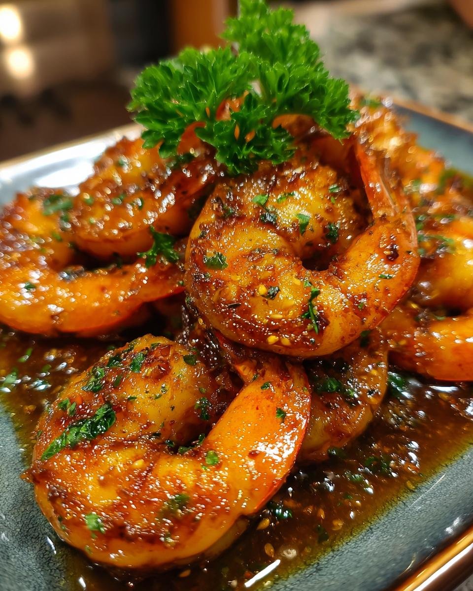 A close-up of Irresistible Honey Garlic Shrimp, glistening with sauce and garnished with parsley.