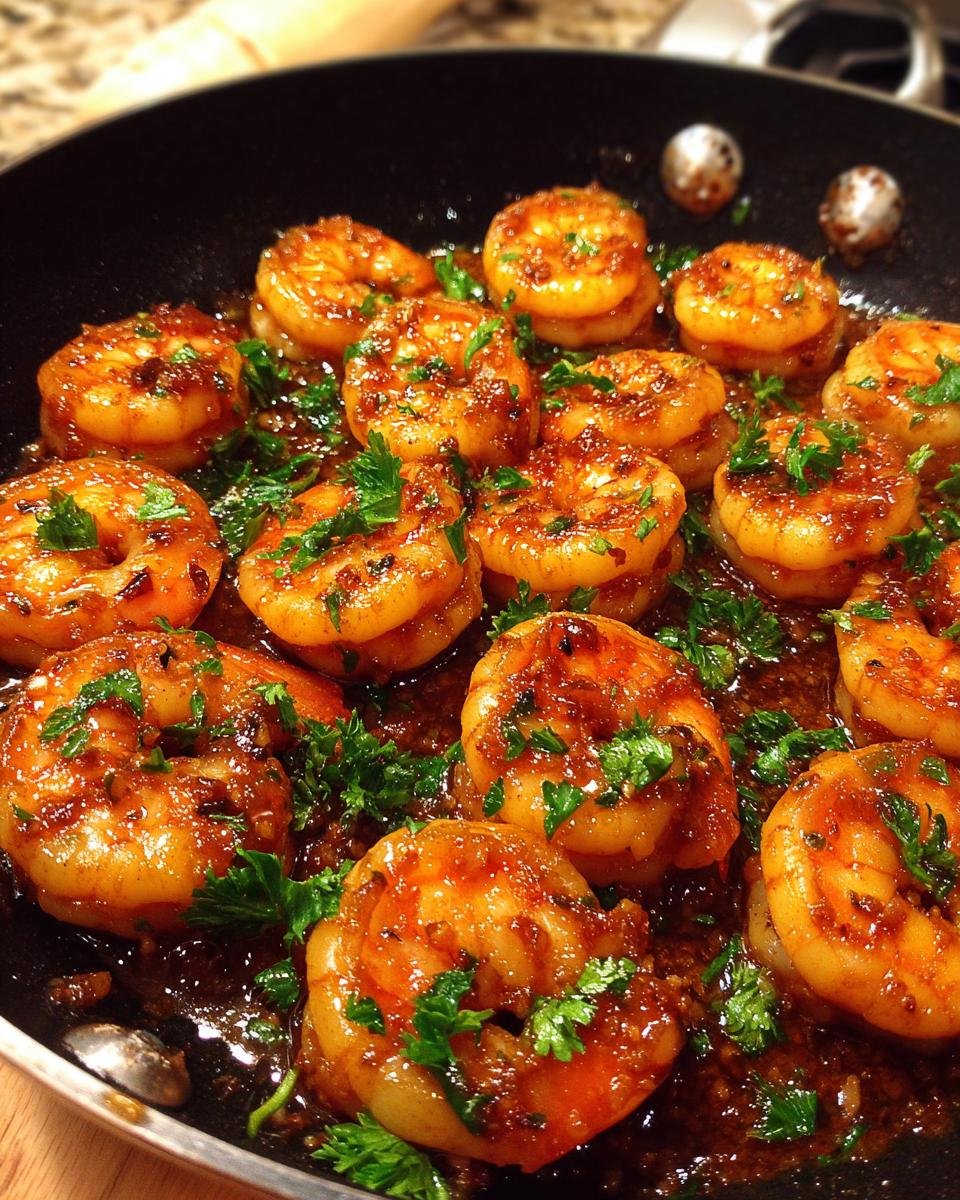 Close-up of Irresistible Honey Garlic Shrimp cooked in a skillet, garnished with fresh parsley.