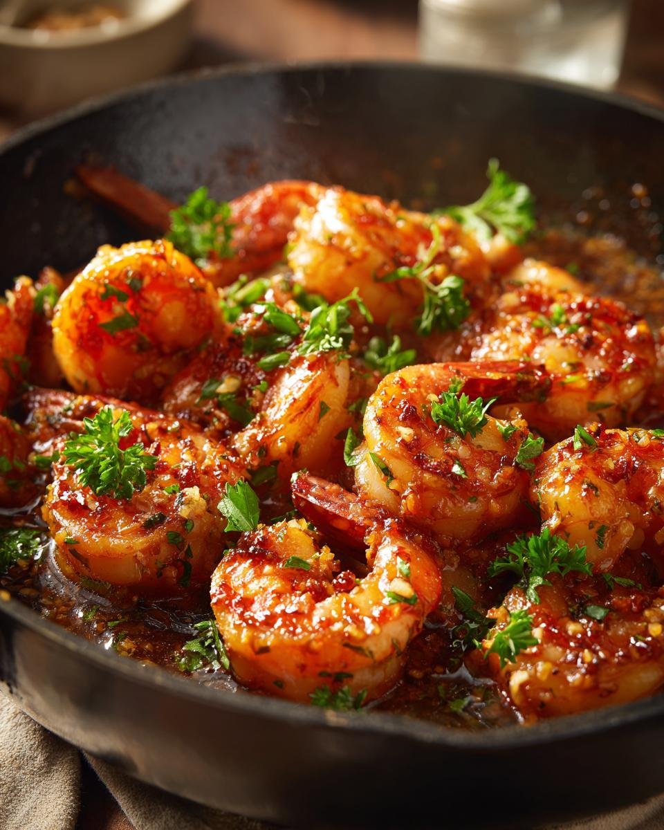 Close-up of Irresistible Honey Garlic Shrimp cooked in a cast-iron skillet, garnished with fresh parsley.