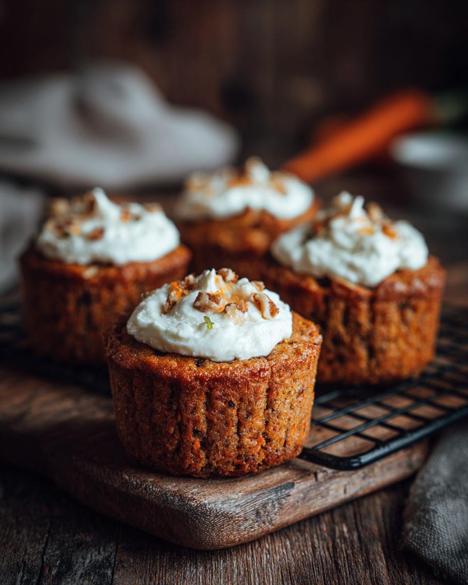 Close-up of Irresistible Mini Carrot Cakes topped with fluffy cream cheese frosting and chopped nuts.