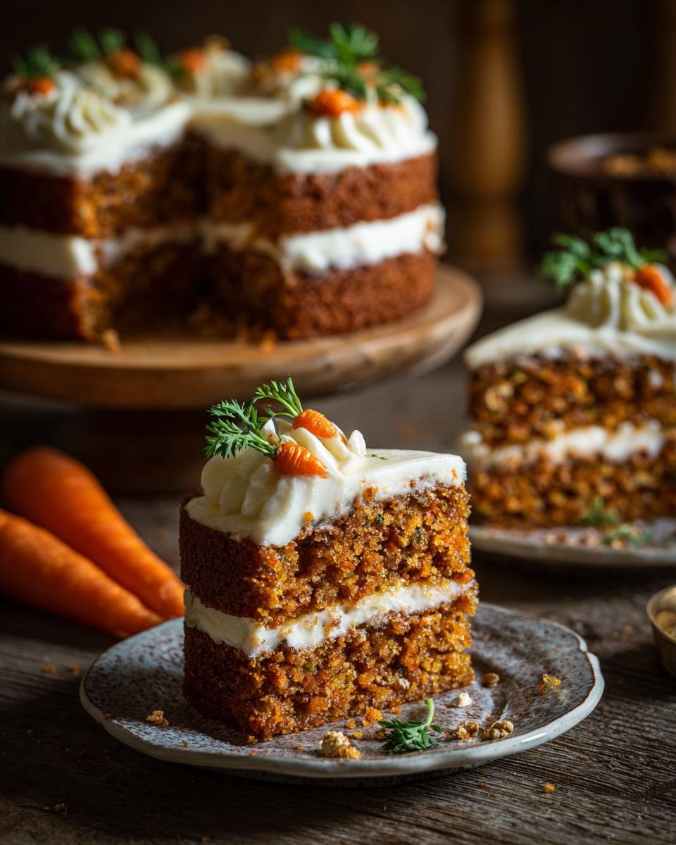 A slice of Irresistible Mini Carrot Cakes, showcasing layers of moist cake and creamy frosting, topped with tiny carrot decorations.