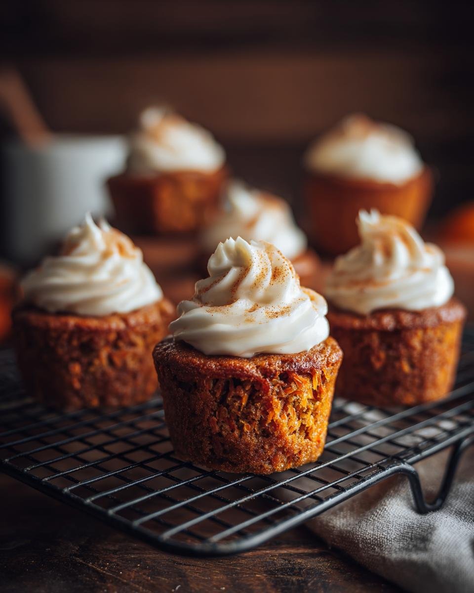 Close-up of Irresistible Mini Carrot Cakes topped with creamy frosting and a sprinkle of cinnamon.