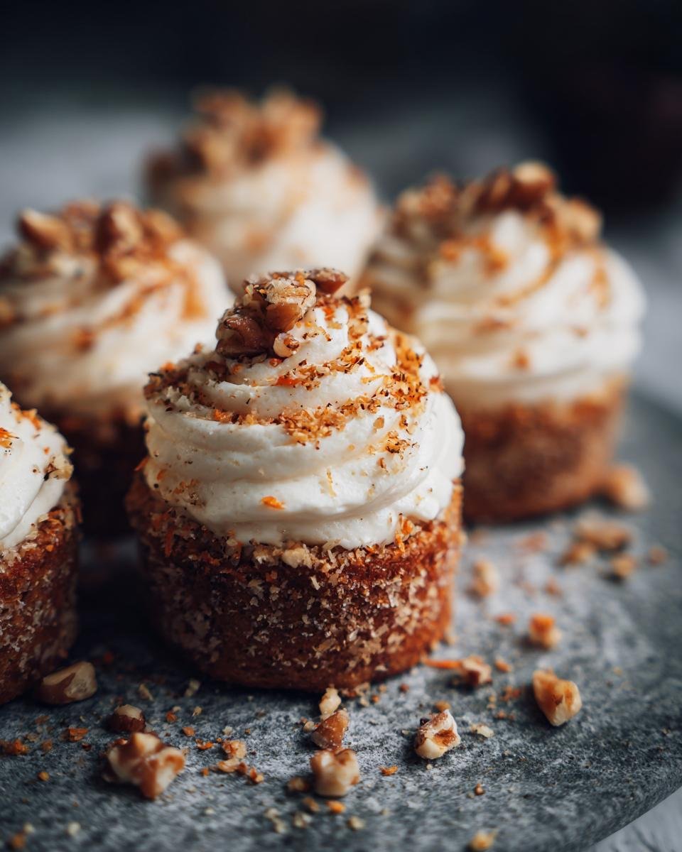 Close-up of Irresistible Mini Carrot Cakes topped with cream cheese frosting and chopped nuts.