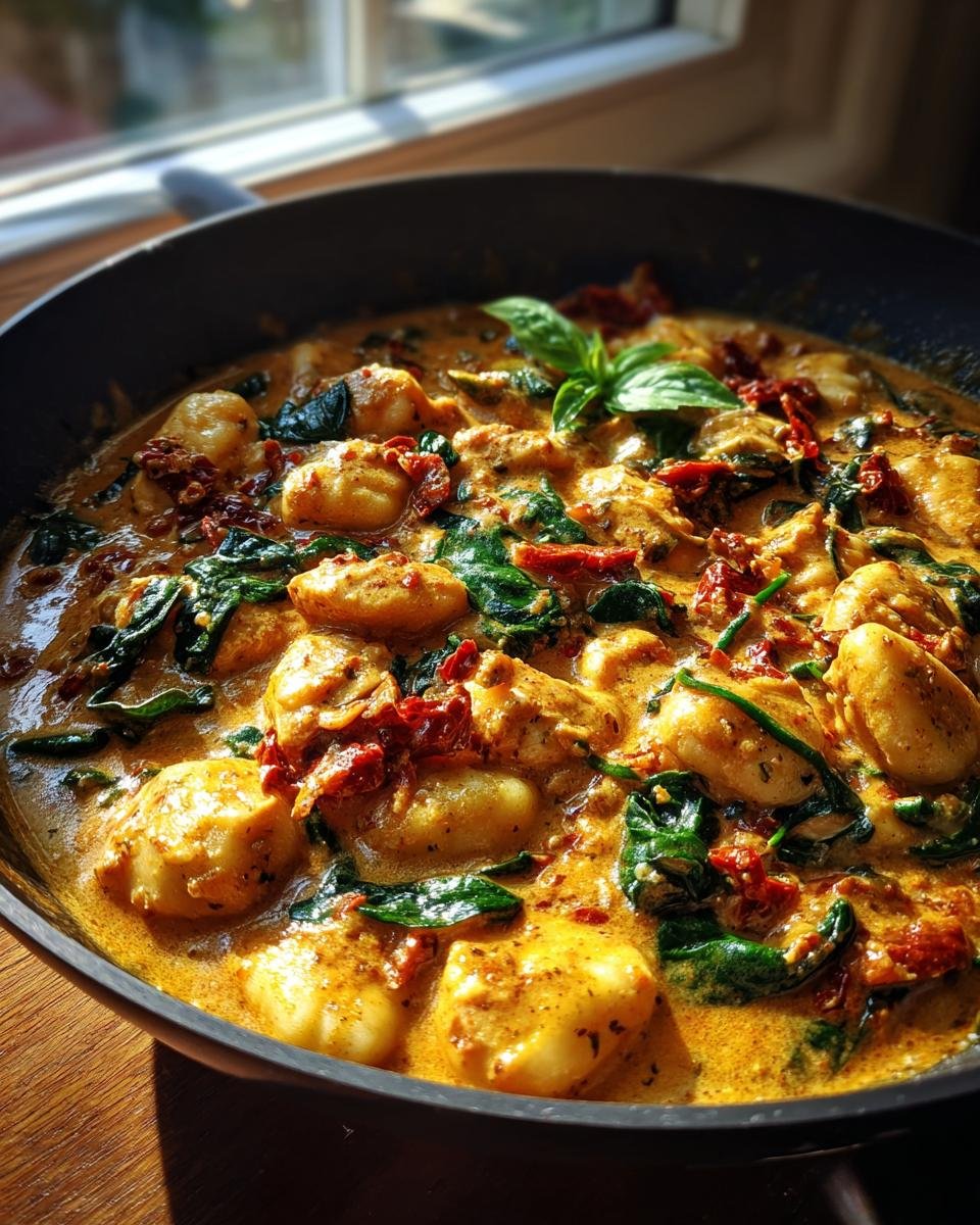 Close-up of Irresistible One Skillet Sun Dried Tomato Chicken Gnocchi with spinach and basil in a pan.