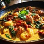 Close-up of Irresistible One Skillet Sun Dried Tomato Chicken Gnocchi in a creamy sauce with spinach and basil.