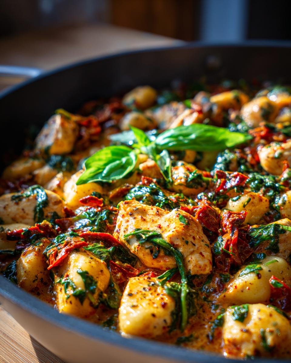 Close-up of Irresistible One Skillet Sun Dried Tomato Chicken Gnocchi with basil garnish.