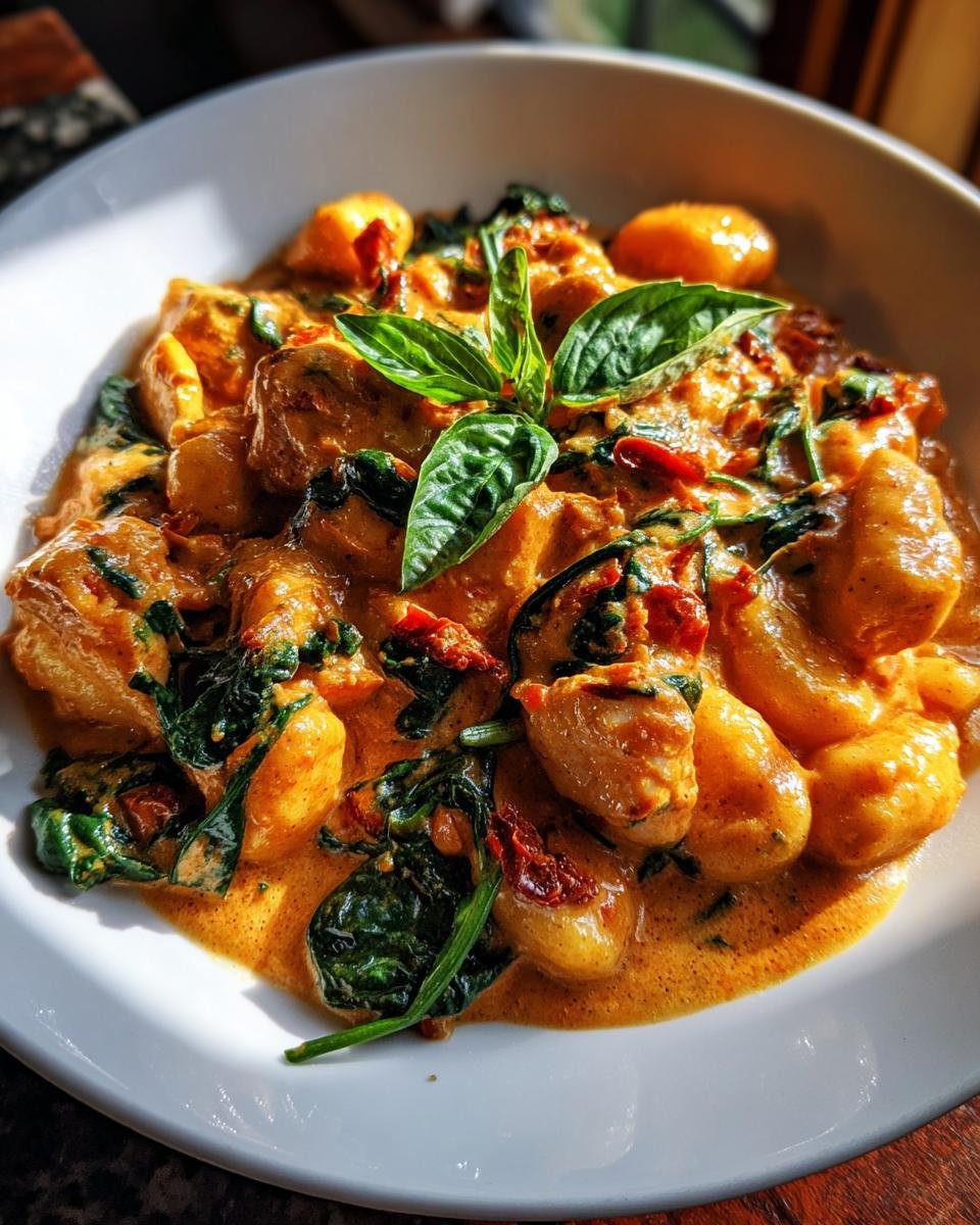 A close-up of Irresistible One Skillet Sun Dried Tomato Chicken Gnocchi in a creamy sauce, garnished with basil.