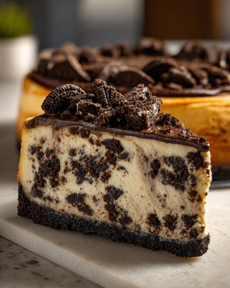 A slice of Irresistible Oreo Cheesecake with chocolate ganache and crushed Oreos on top.