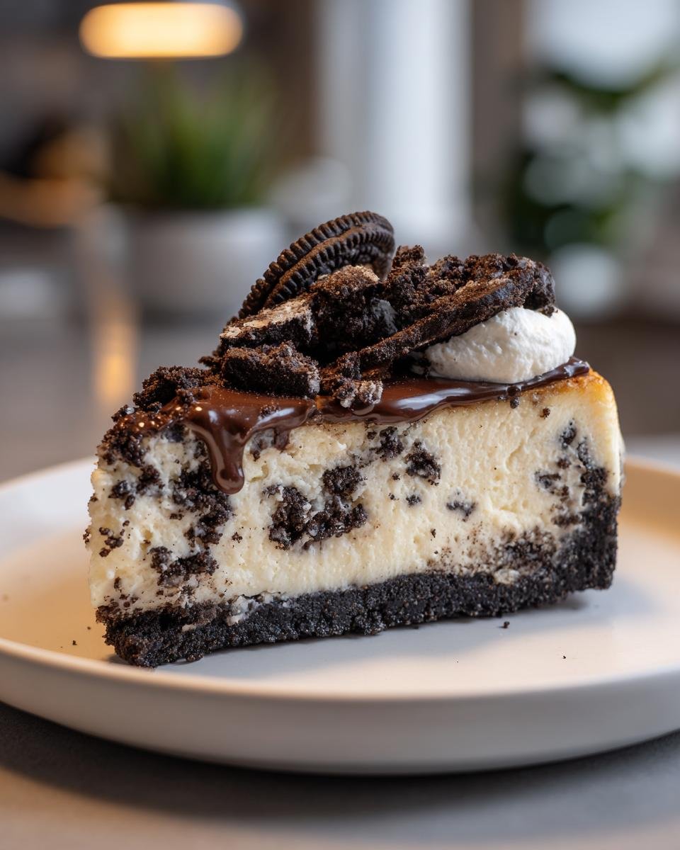 A decadent slice of Irresistible Oreo Cheesecake Recipe, topped with chocolate ganache, whipped cream, and crushed Oreos.
