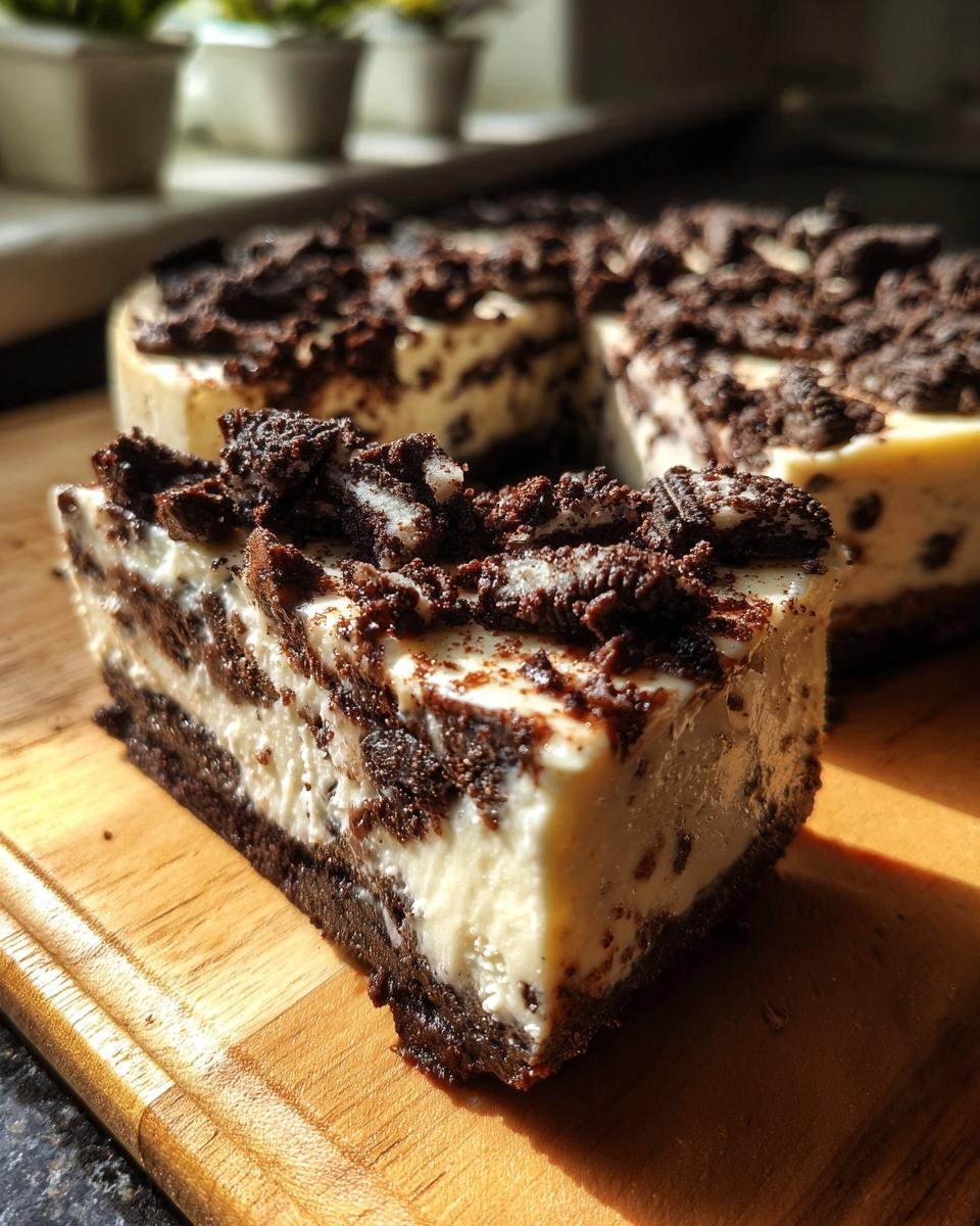 A close-up shot of a slice of irresistible Oreo cheesecake, showcasing the creamy filling and crushed Oreo topping.