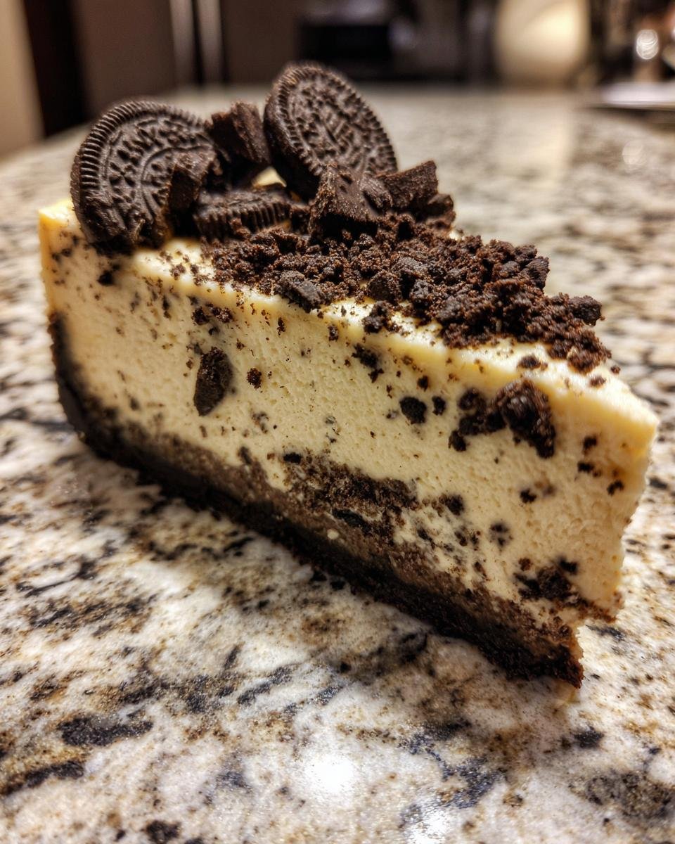 A decadent slice of Irresistible Oreo Cheesecake Recipe, topped with whole and crushed Oreos.