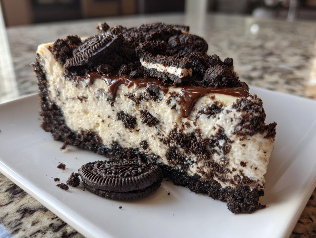 A decadent slice of Irresistible Oreo Cheesecake Recipe, topped with crushed Oreos and chocolate drizzle.