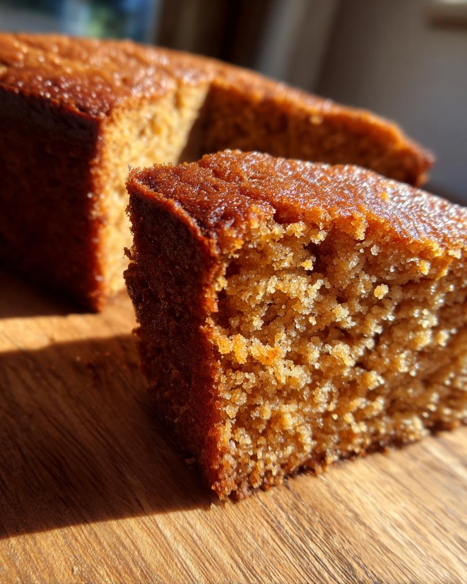 Close-up of a moist slice of Irresistible Peanut Butter Cake on a wooden board, highlighting its texture.