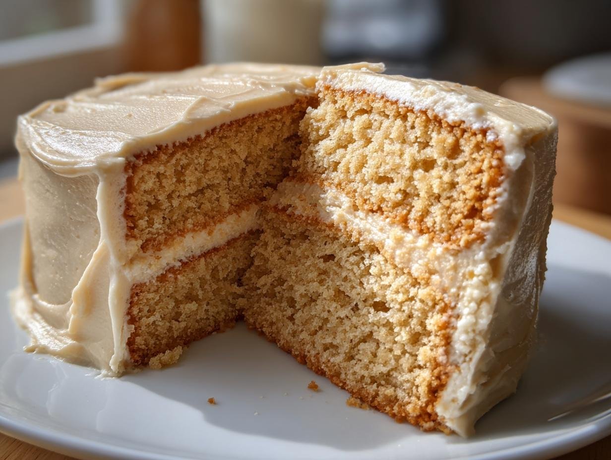 A slice of Irresistible Peanut Butter Cake with creamy frosting and two cake layers.