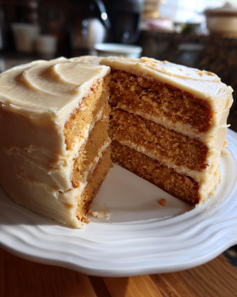 A slice cut from an Irresistible Peanut Butter Cake, revealing three layers of cake and frosting.