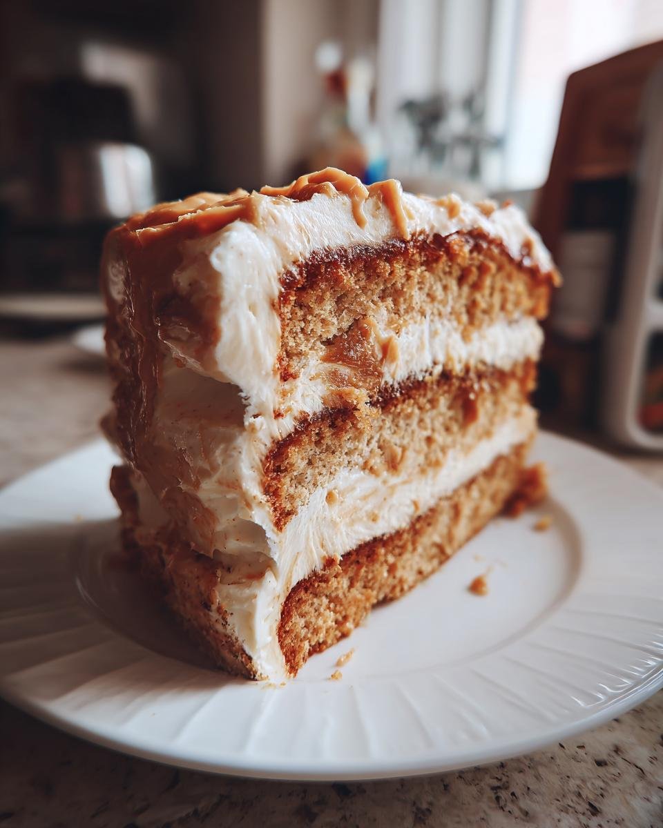A decadent slice of Irresistible Peanut Butter Cake with creamy frosting and caramel drizzle.