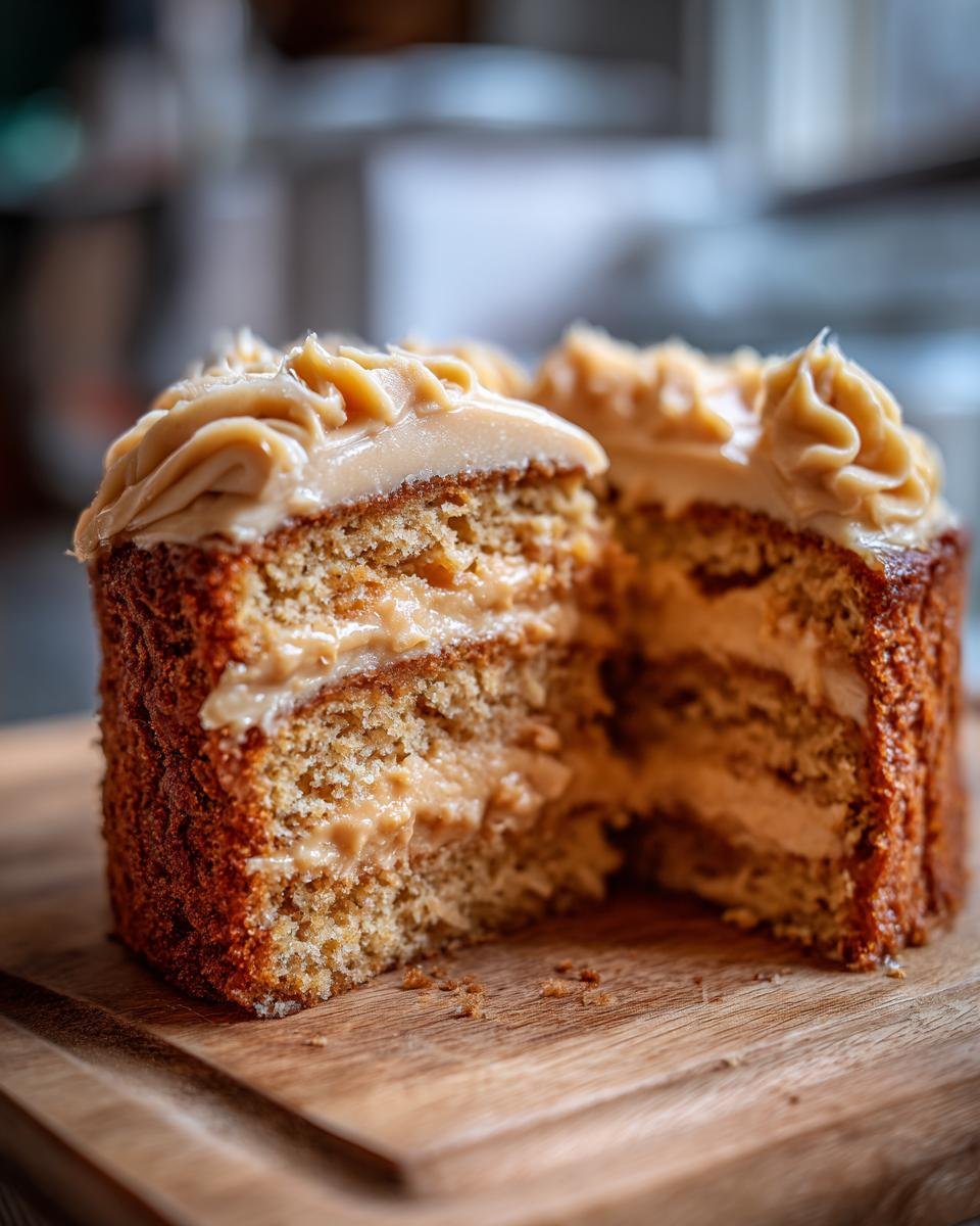 A slice of irresistible peanut butter cake with creamy peanut butter frosting and filling.