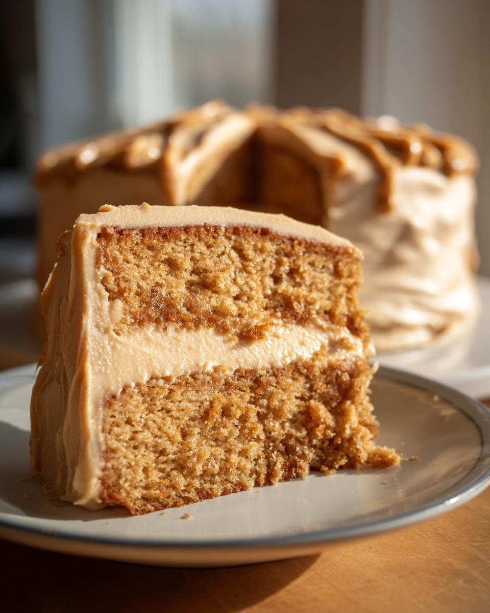 A slice of irresistible peanut butter cake with creamy frosting and a drizzle on top.