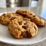 Close-up of Irresistible Peanut Butter Chocolate Chip Cookies on a white plate, one cookie is broken showing soft interior.