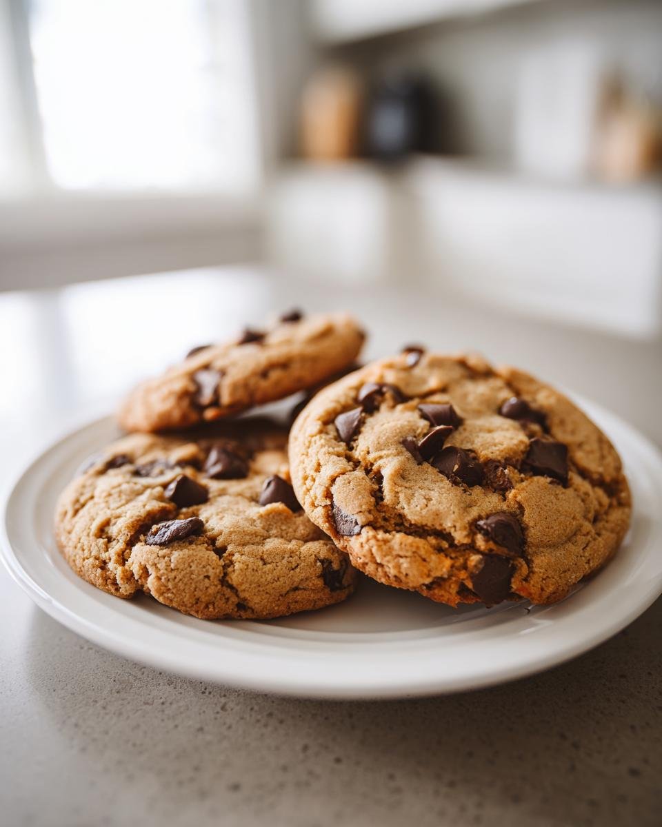 Close-up of three Irresistible Peanut Butter Chocolate Chip Cookies on a white plate, with chocolate chips visible.