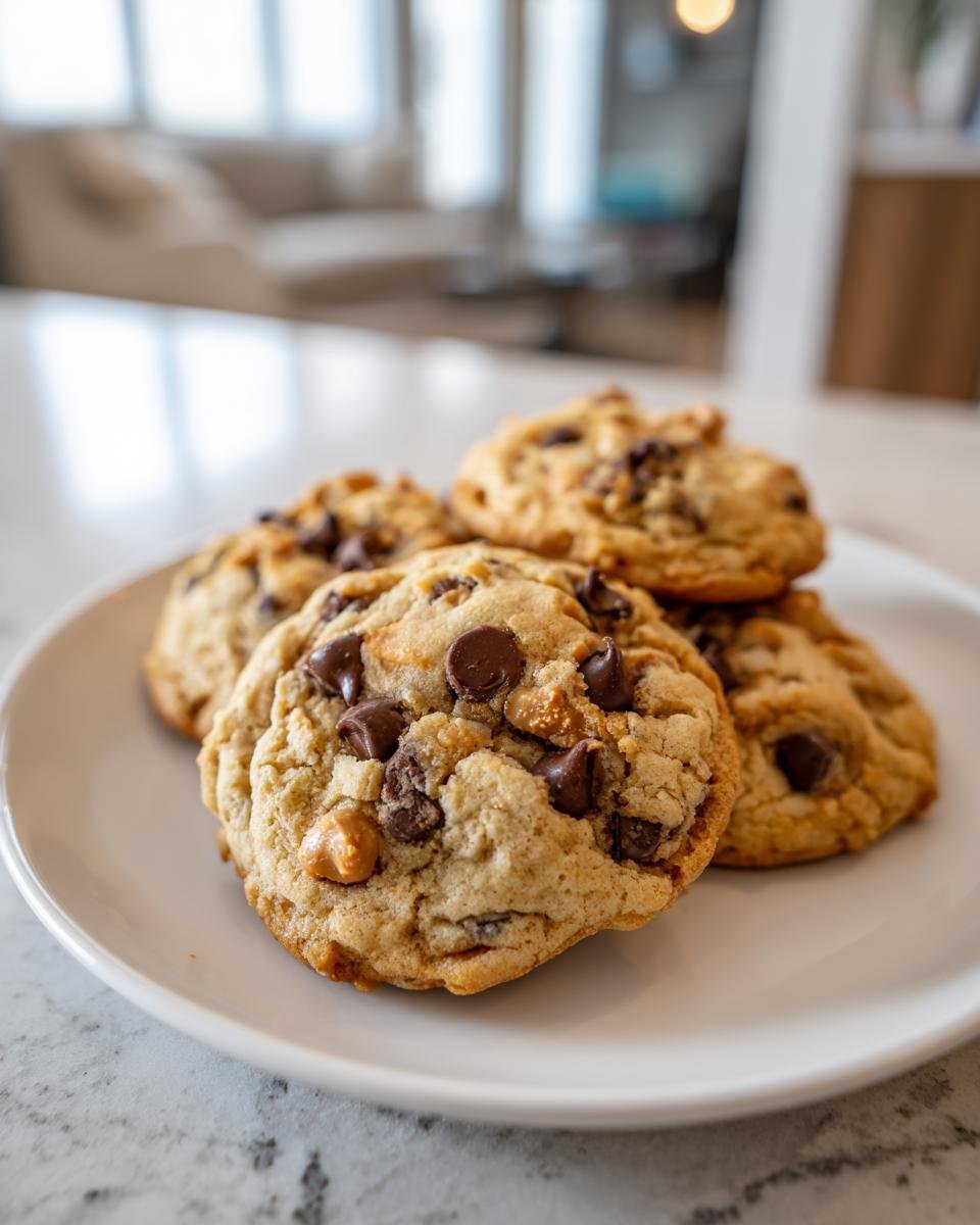 Close-up of a stack of Irresistible Peanut Butter Chocolate Chip Cookies on a white plate.