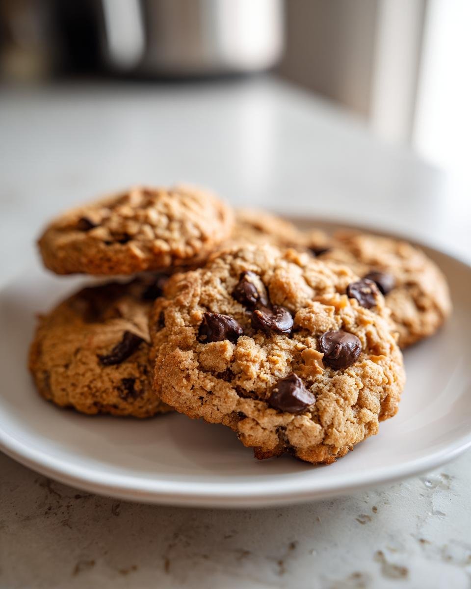 Close-up of irresistible peanut butter chocolate chip cookies on a white plate, showcasing melted chocolate chips.