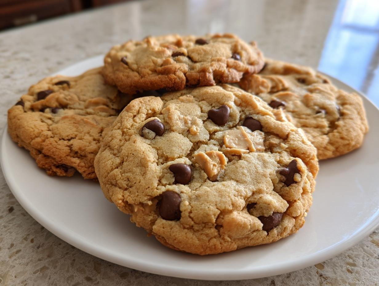 Close-up of irresistible peanut butter chocolate chip cookies on a white plate, showing chunks of peanut butter and chocolate chips.