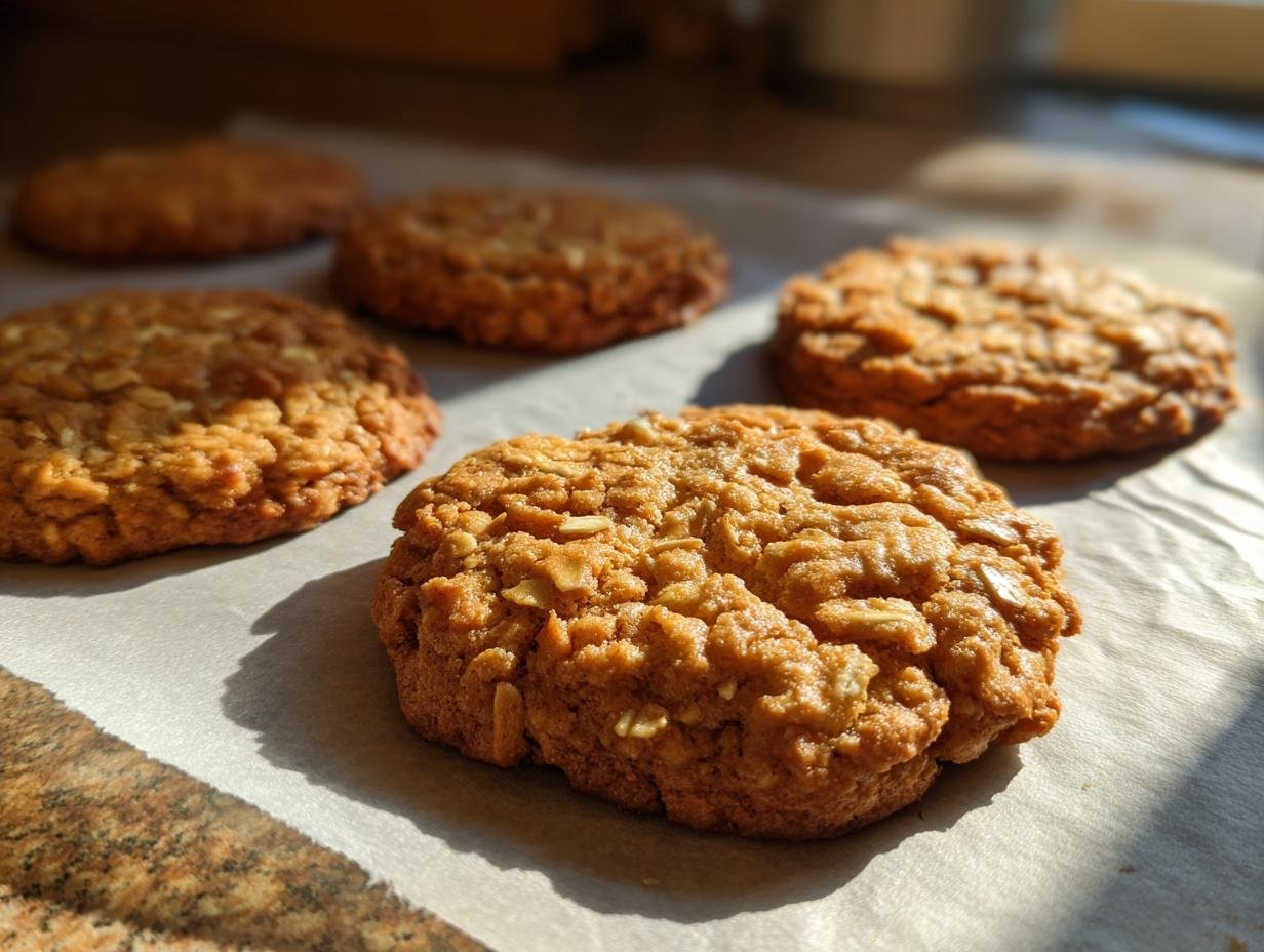 Close-up of Irresistible Peanut Butter Oatmeal Cookies fresh from the oven, showing texture and oats.