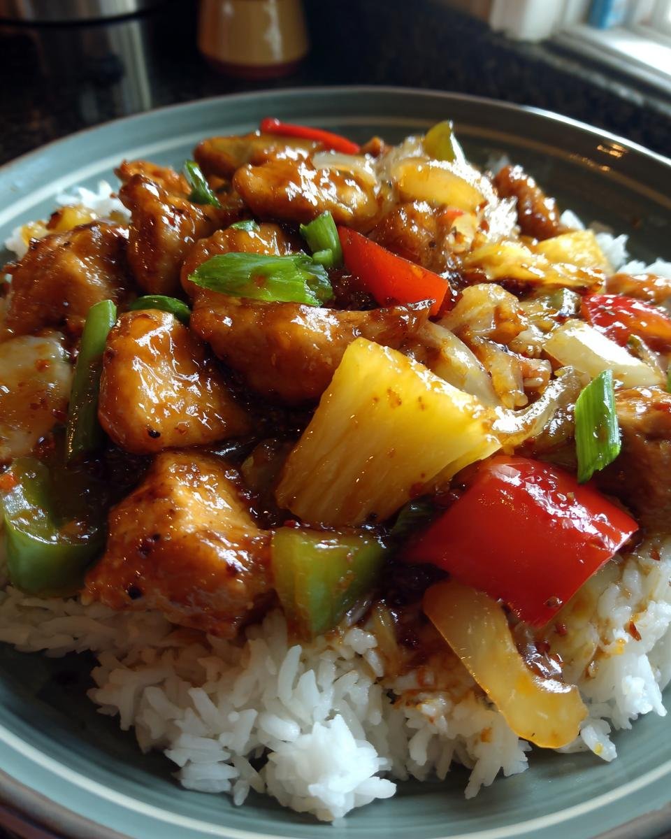 Close-up of Irresistible Pineapple Chicken Stir Fry served over fluffy white rice, with colorful bell peppers and pineapple chunks.