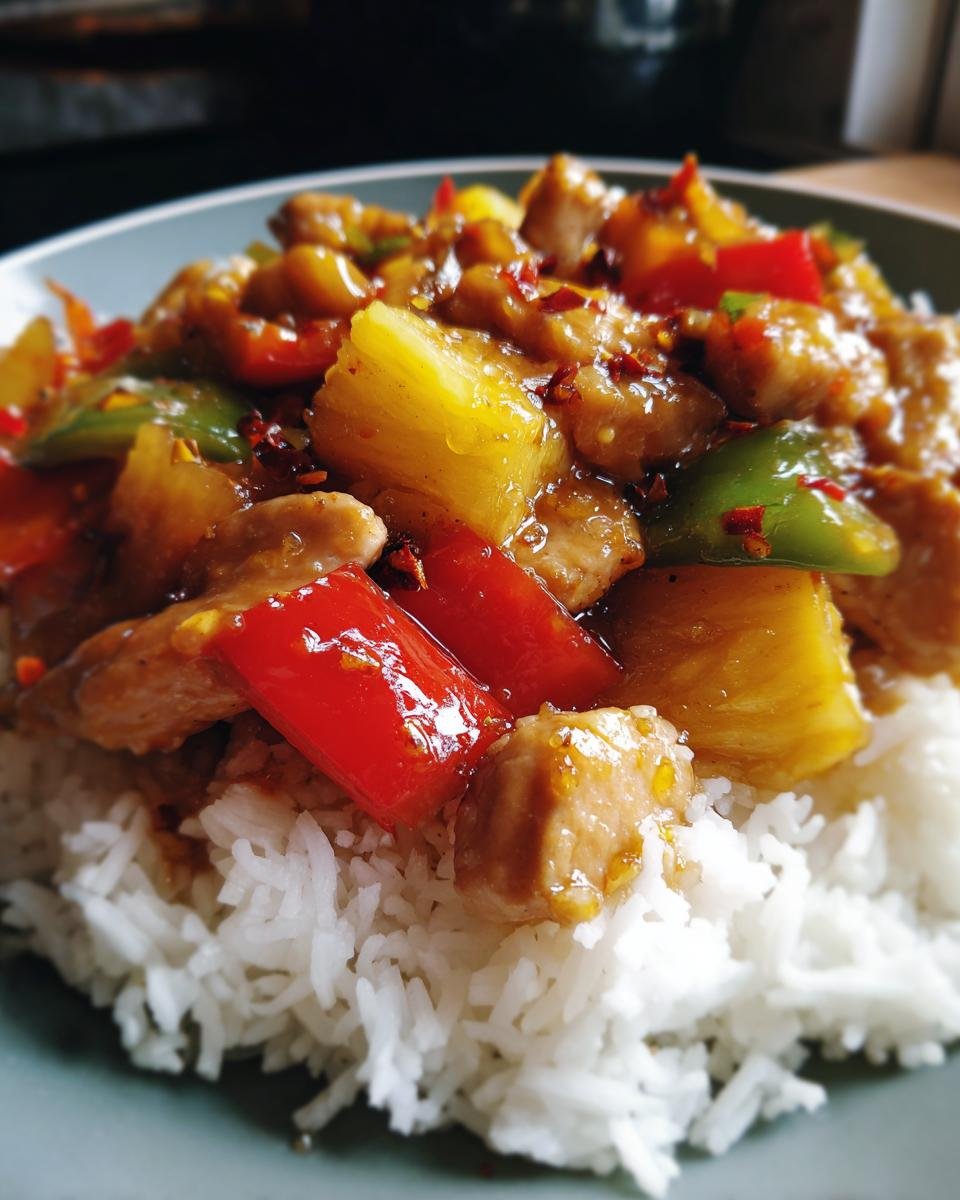 Close-up of Irresistible Pineapple Chicken Stir Fry served over fluffy white rice, with chunks of pineapple, bell peppers, and chicken.
