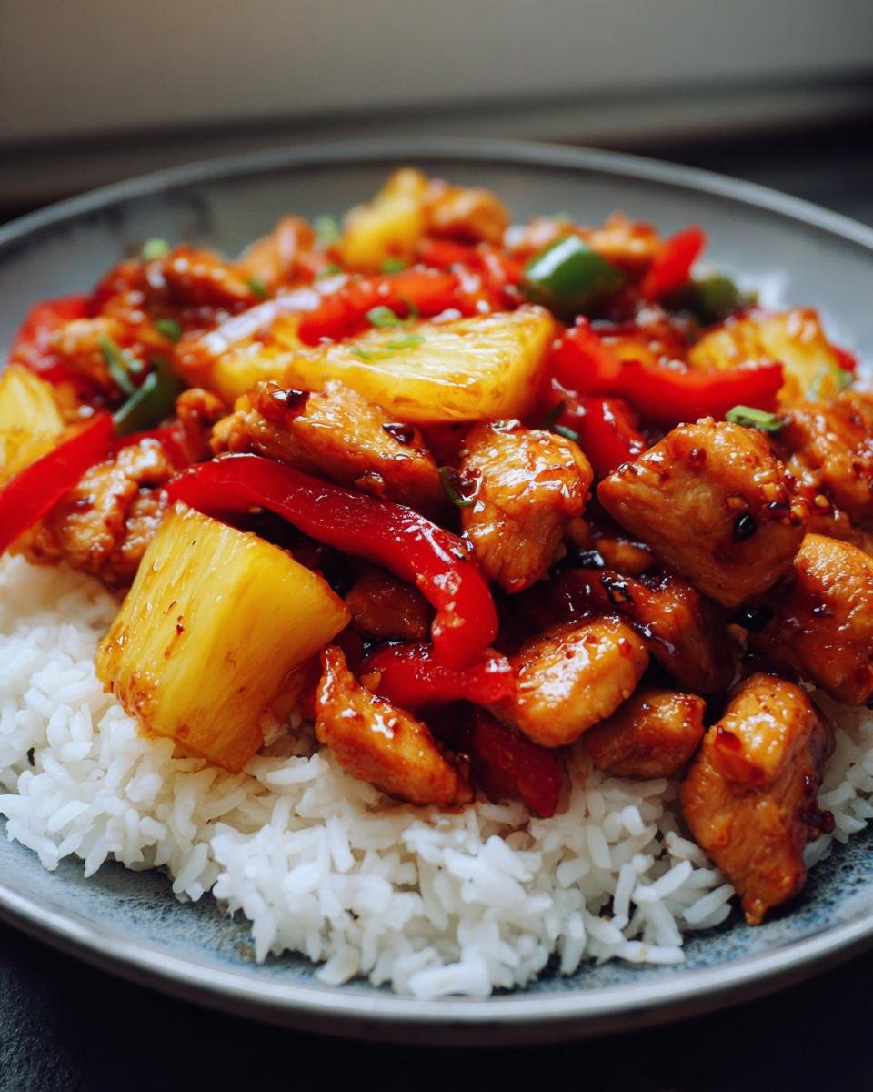 A close-up of Irresistible Pineapple Chicken Stir Fry served over fluffy white rice in a blue bowl.