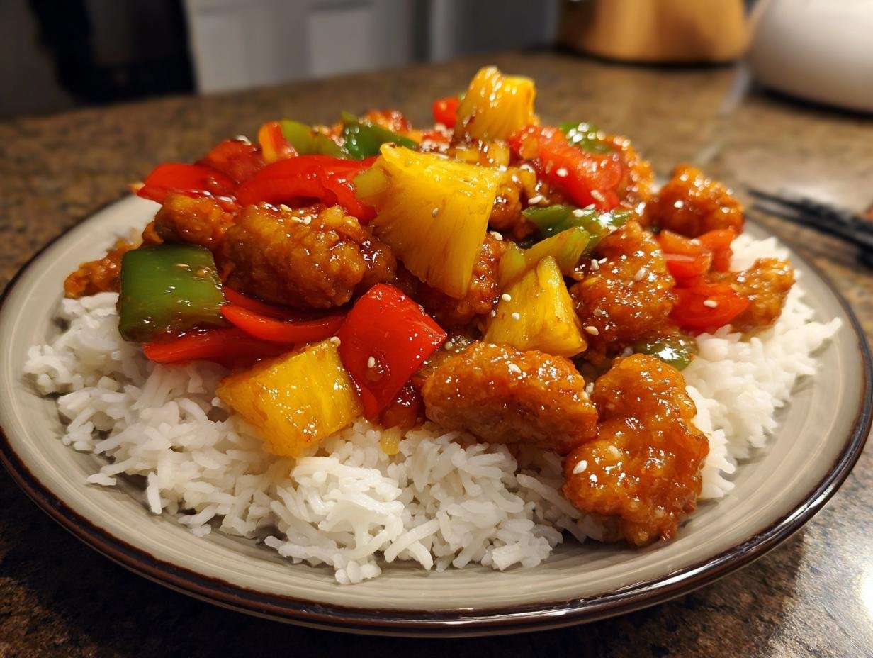 A plate of Irresistible Pineapple Chicken Stir Fry served over fluffy white rice, with chunks of pineapple, red and green bell peppers.