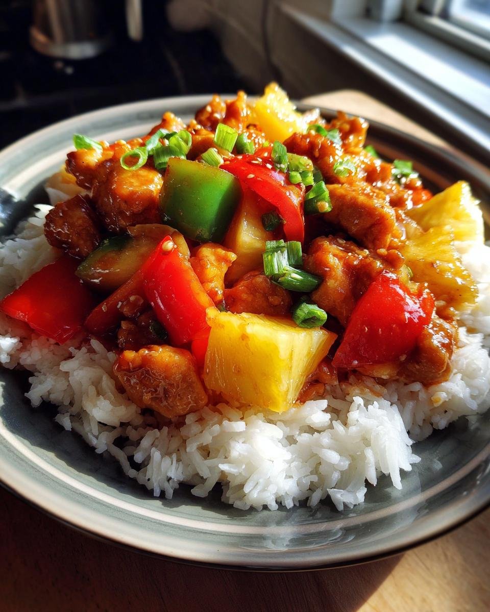 A close-up of Irresistible Pineapple Chicken Stir Fry served over white rice, with bell peppers and pineapple chunks.