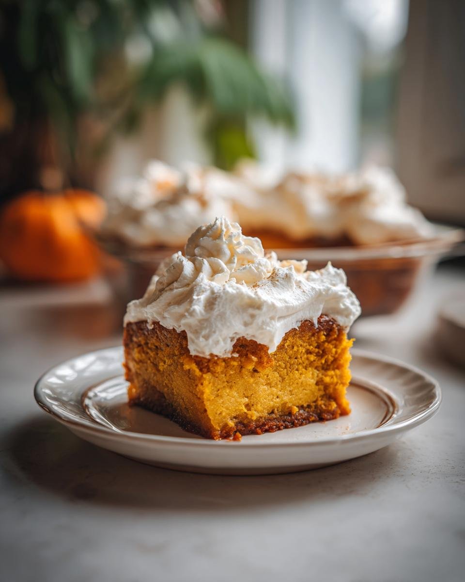 A slice of Irresistible Pumpkin Poke Cake topped with fluffy whipped cream and a sprinkle of cinnamon.