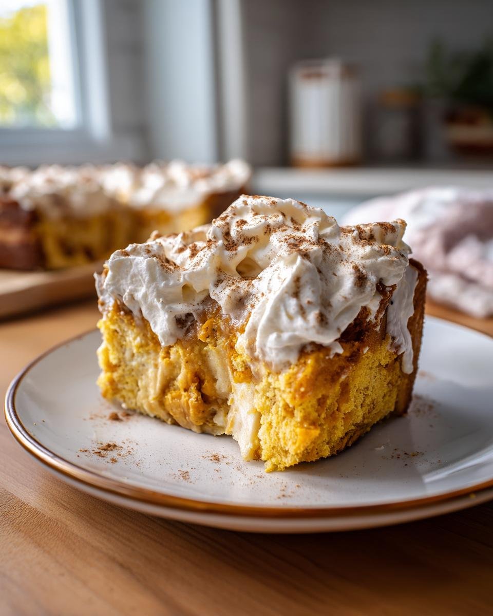 A delicious slice of Irresistible Pumpkin Poke Cake, topped with whipped cream and cinnamon.