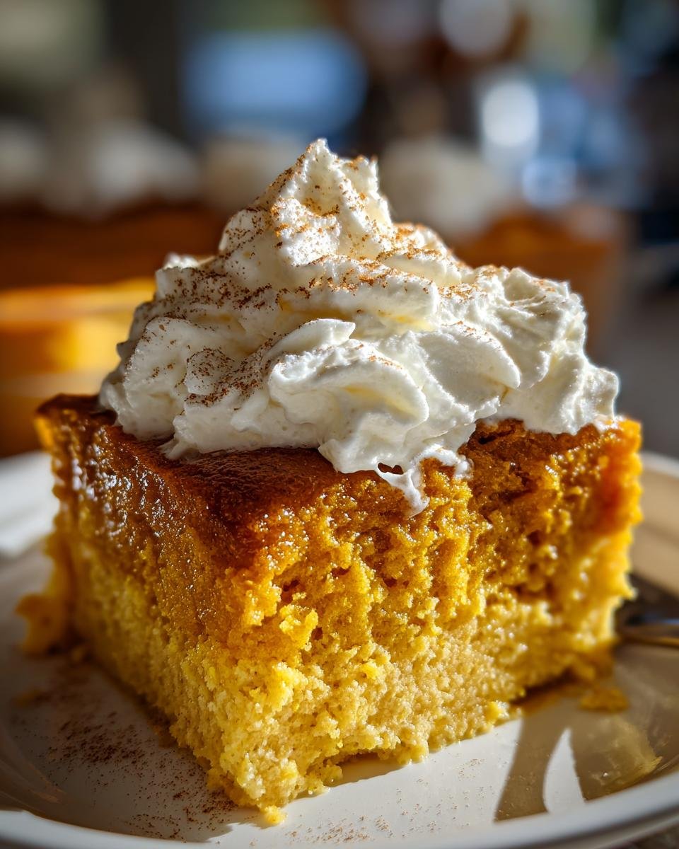 A slice of Irresistible Pumpkin Poke Cake topped with fluffy whipped cream and a sprinkle of cinnamon.