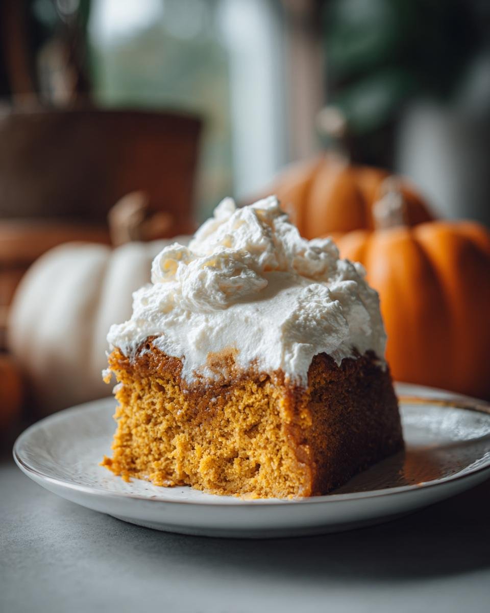 A slice of Irresistible Pumpkin Poke Cake topped with whipped cream, with pumpkins in the background.