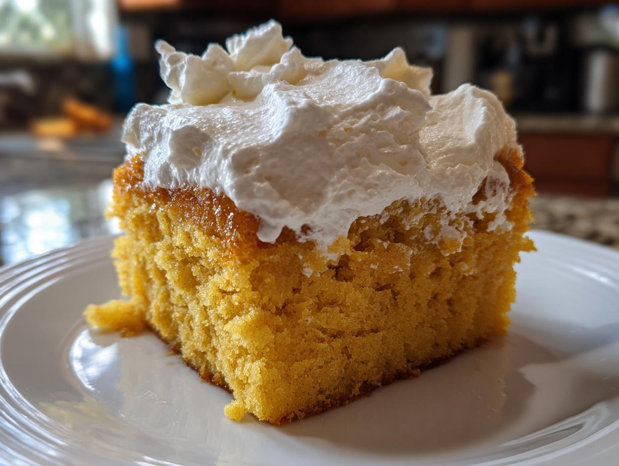 A slice of Irresistible Pumpkin Poke Cake Recipe topped with whipped cream on a white plate.