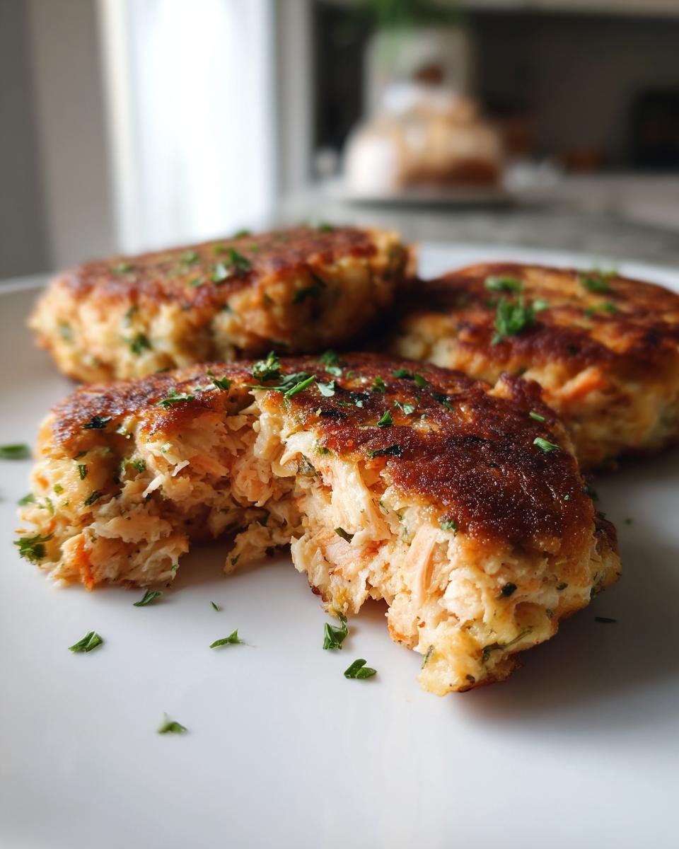 Close-up of Irresistible Salmon Cakes With Canned Salmon Recipe, showing flaky texture and golden-brown crust, garnished with parsley.