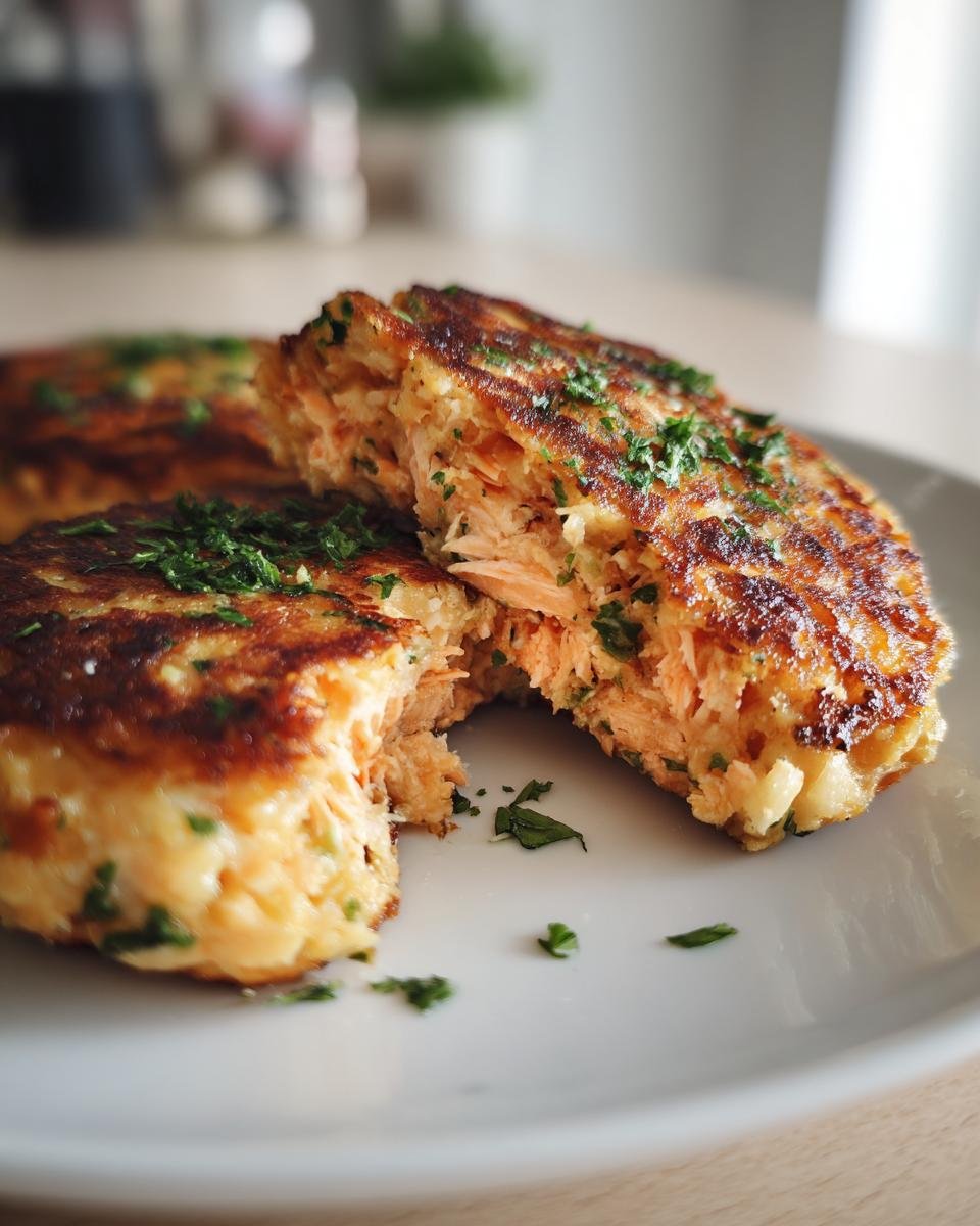 Close-up of Irresistible Salmon Cakes With Canned Salmon Recipe, one cake split open to show flaky salmon inside.