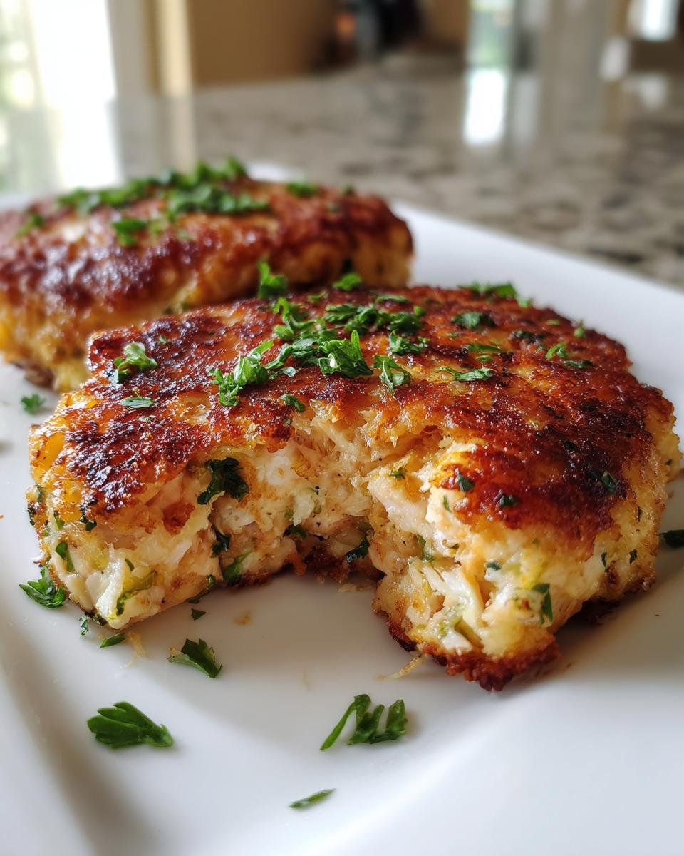 Close-up of two golden-brown Irresistible Salmon Cakes With Canned Salmon Recipe, garnished with fresh parsley.