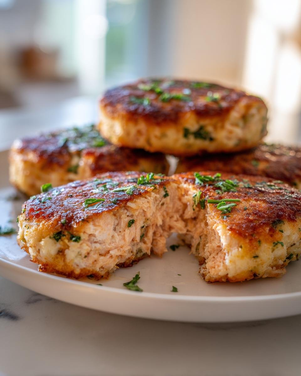 Close-up of Irresistible Salmon Cakes With Canned Salmon Recipe, one is broken open to show flaky salmon inside, garnished with parsley.