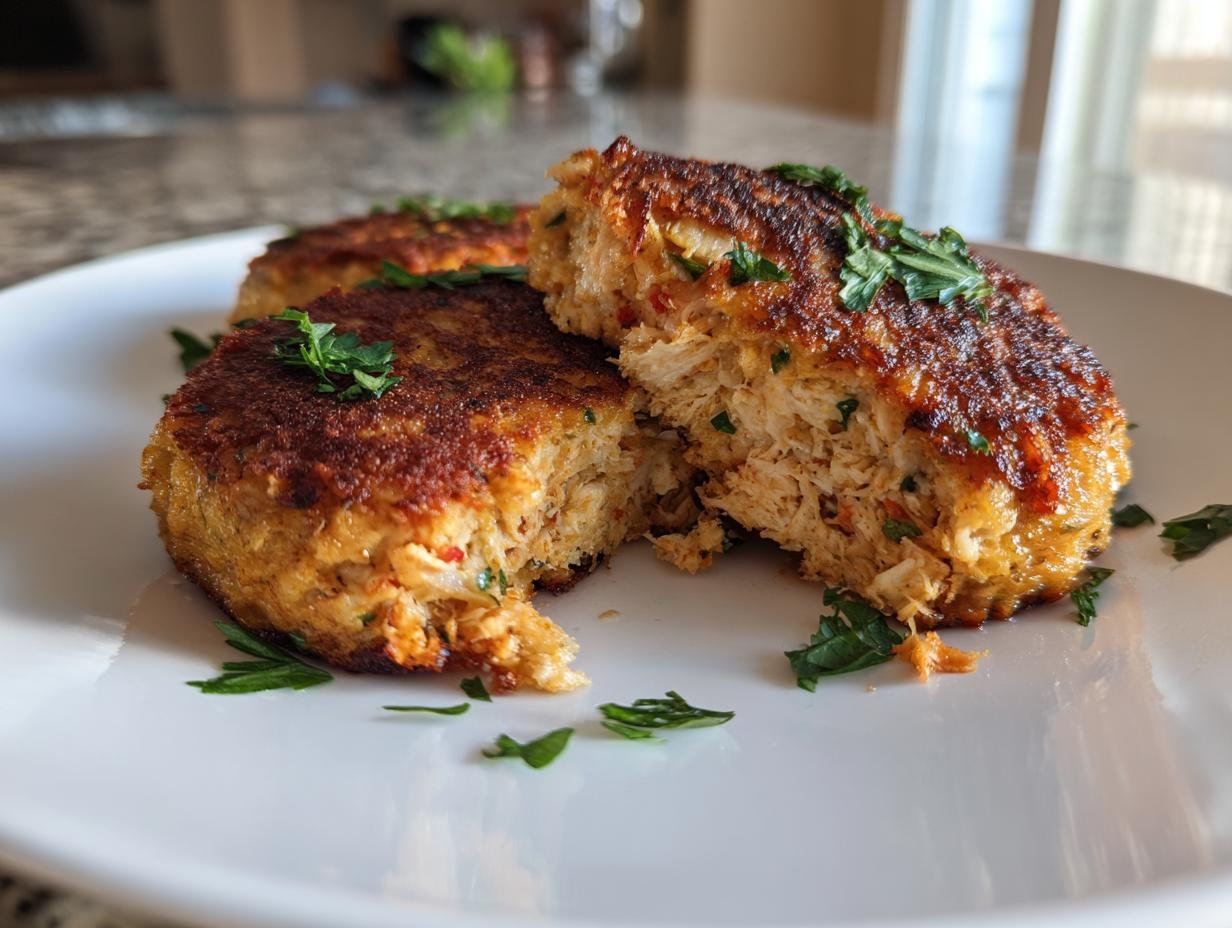 Close-up of Irresistible Salmon Cakes With Canned Salmon Recipe, golden brown and garnished with fresh parsley.