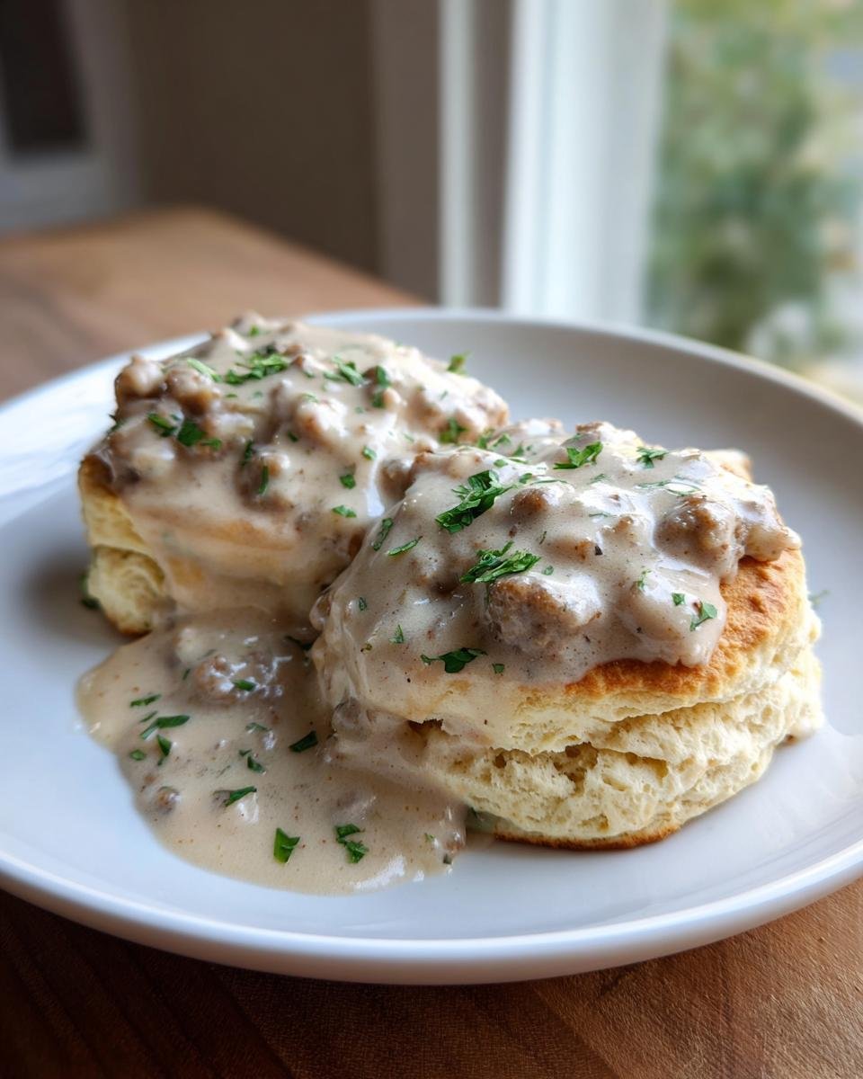 Two fluffy biscuits topped with creamy sausage gravy and sprinkled with parsley, part of an Irresistible Sausage Gravy and Biscuits Recipe Delight.